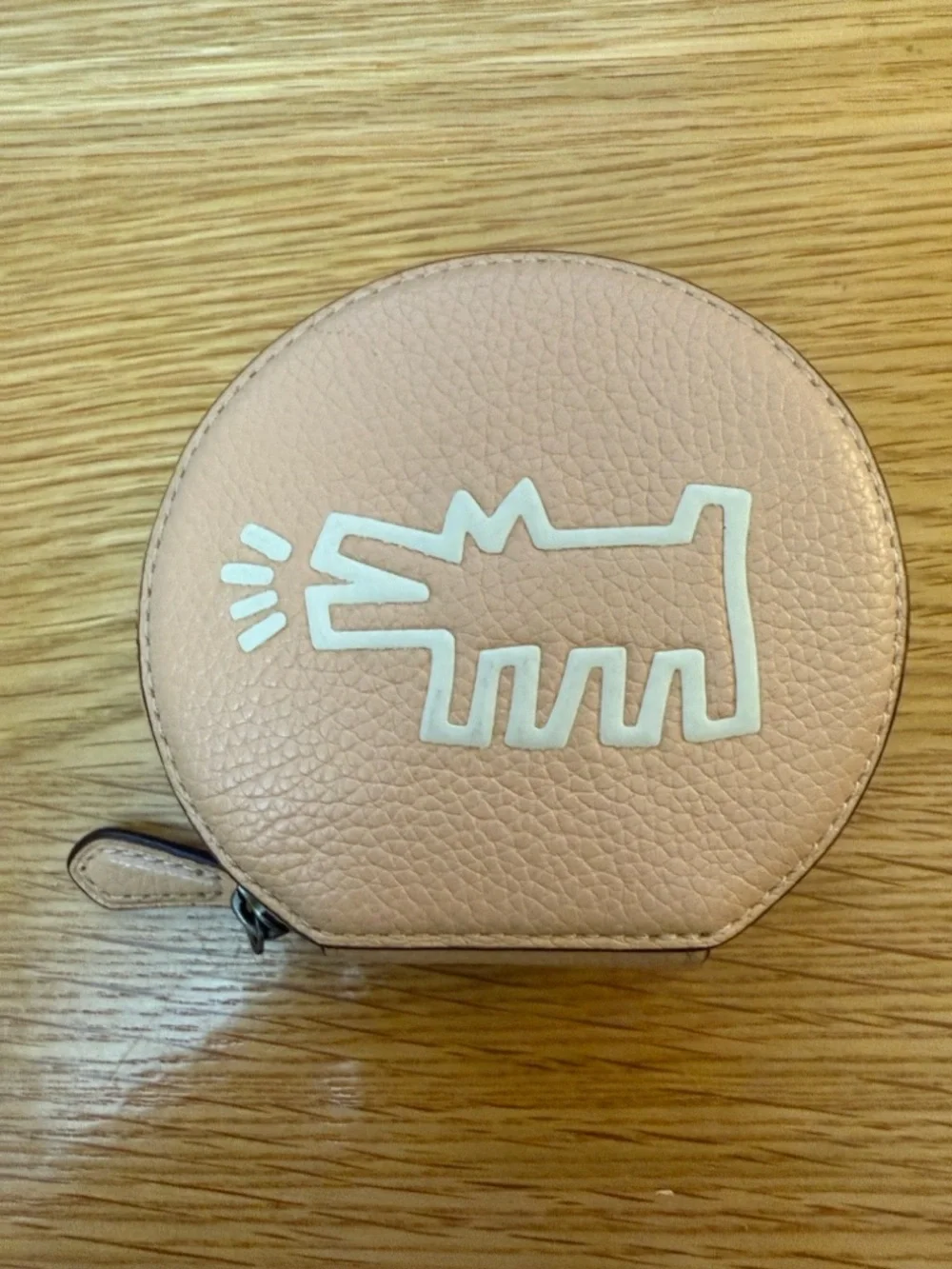Coach Peach Pebbled Leather Round Coin Case with White Graphic